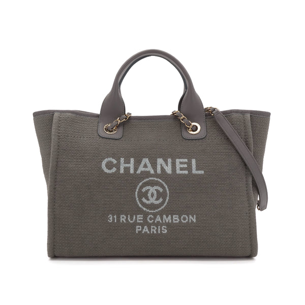 CHANEL DEAUVILLE MM LOGO CHAIN TOTE BAG GRAY CANVAS LEATHER 90303733 - PURPOSE