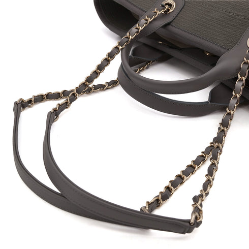CHANEL DEAUVILLE MM LOGO CHAIN TOTE BAG GRAY CANVAS LEATHER 90303733 - PURPOSE