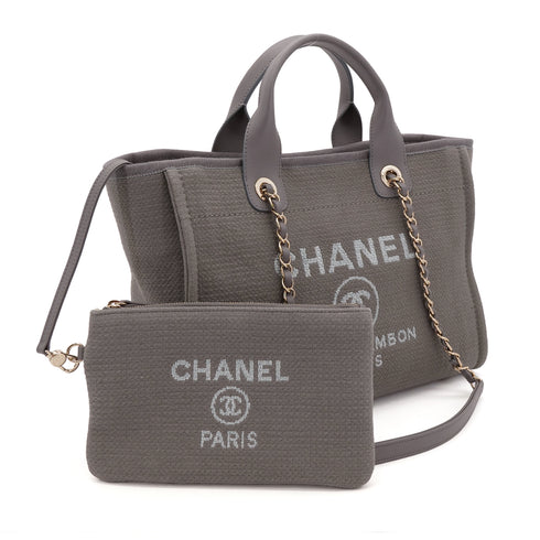 CHANEL DEAUVILLE MM LOGO CHAIN TOTE BAG GRAY CANVAS LEATHER 90303733 - PURPOSE