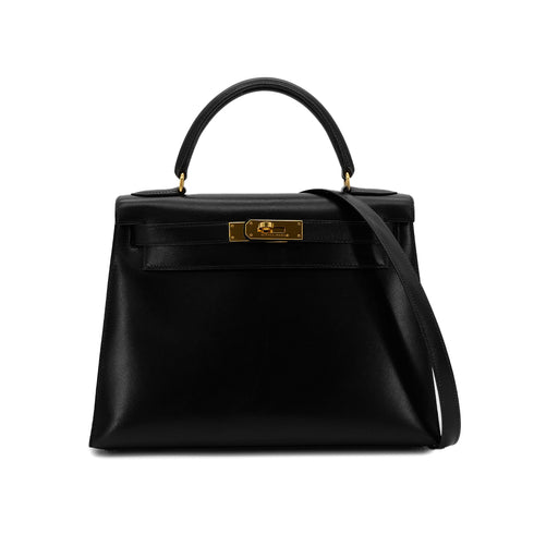 HERMES KELLY 28 SELLIER BLACK BOXCALF HAND SHOULDER BAG 〇X GHW 90304099 - PURPOSE