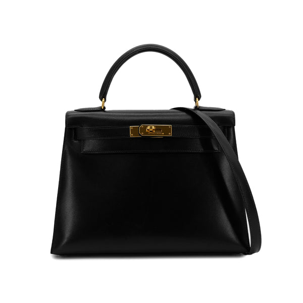 HERMES KELLY 28 SELLIER BLACK BOXCALF HAND SHOULDER BAG 〇X GHW 90304099 - PURPOSE