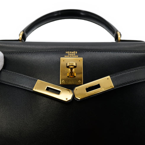 HERMES KELLY 28 SELLIER BLACK BOXCALF HAND SHOULDER BAG 〇X GHW 90304099 - PURPOSE