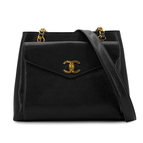 CHANEL VINTAGE TURN LOCK CHAIN TOTE SHOULDER BAG BLACK CAVIAR SKIN 90304102 - PURPOSE