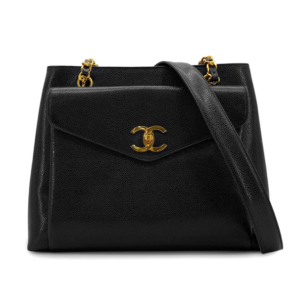 CHANEL VINTAGE TURN LOCK CHAIN TOTE SHOULDER BAG BLACK CAVIAR SKIN 90304102 - PURPOSE