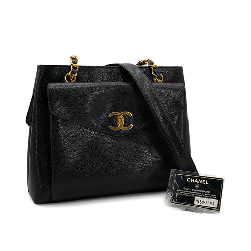 CHANEL VINTAGE TURN LOCK CHAIN TOTE SHOULDER BAG BLACK CAVIAR SKIN 90304102 - PURPOSE