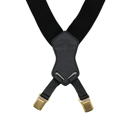 CHANEL VINTAGE SUSPENDER LOGO BLACK WHITE CANVAS LEATHER 90304105 - PURPOSE