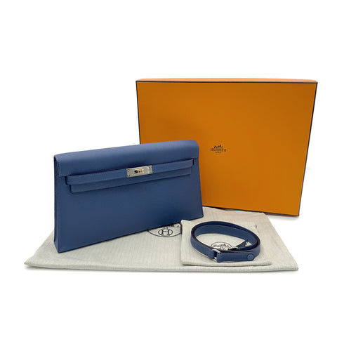 HERMES KELLY ELAN BLUE TIE VEAU EPSOM CLUTCH SHOULDER BAG K ELECTRUM 90304107 - PURPOSE