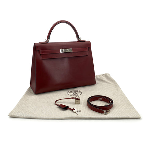 HERMES KELLY 32 SELLIER ROUGE H BOX CALF HAND BAG □F PHW 90304177 - PURPOSE