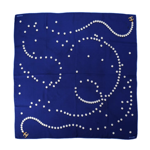 CHANEL VINTAGE SCARF COCOMARK PEARL PATTERN NAVY WHITE SILK 90304190 - PURPOSE