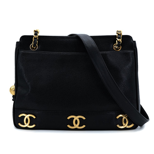 CHANEL VINTAGE TRIPLE COCO CHAIN TOTE BAG BLACK CAVIAR SKIN 90304692