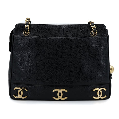 CHANEL VINTAGE TRIPLE COCO CHAIN TOTE BAG BLACK CAVIAR SKIN 90304692