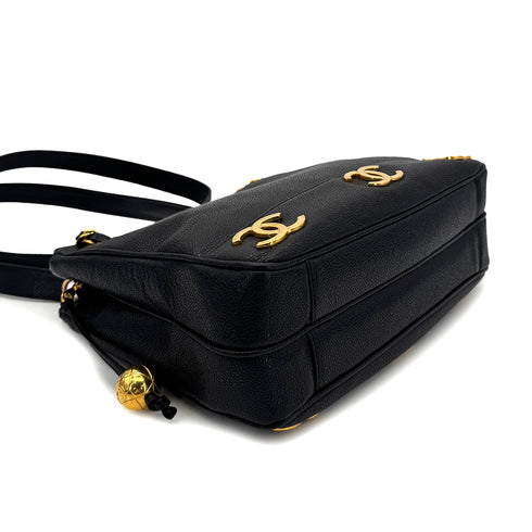 CHANEL VINTAGE TRIPLE COCO CHAIN TOTE BAG BLACK CAVIAR SKIN 90304692