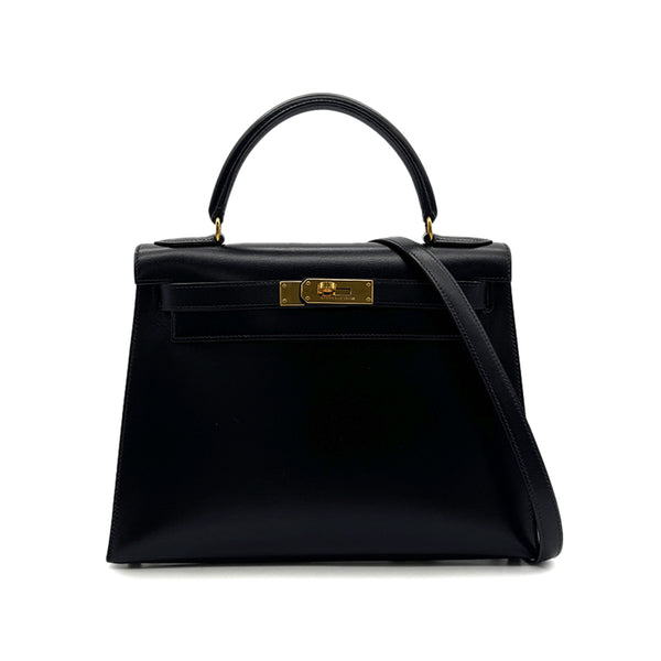 HERMES KELLY 28 SELLIER BLACK BOXCALF HAND SHOULDER BAG 〇X GHW 90304697