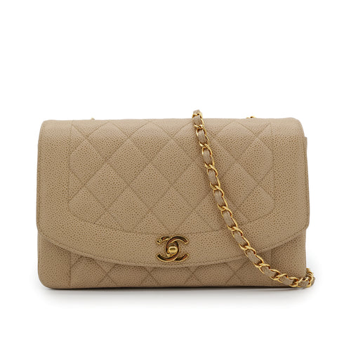 CHANEL VINTAGE DIANA MEDIUM CHAIN SHOULDER BAG BEIGE CAVIAR SKIN 90304980