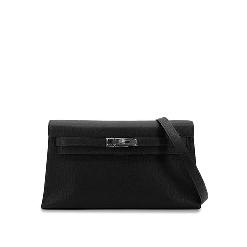 HERMES KELLY ELAN BLACK CHEVRE MYSORE CLUTCH SHOULDER BAG B PHW 90305111