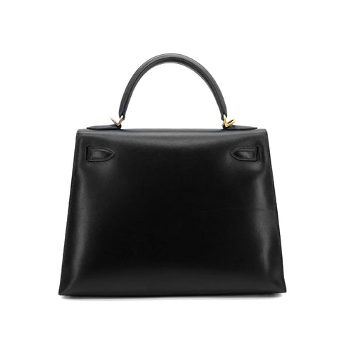 HERMES KELLY 28 SELLIER BLACK BOX CALF HAND BAG 2000 SQUARE D GOLD HARDWARE 90305112 - PURPOSE