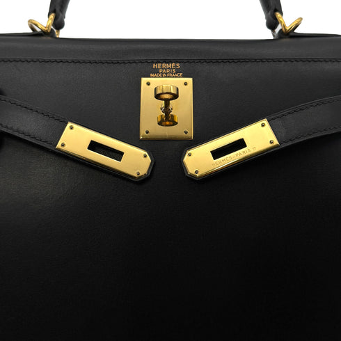 HERMES KELLY 28 SELLIER BLACK BOX CALF HAND BAG 2000 SQUARE D GOLD HARDWARE 90305112 - PURPOSE