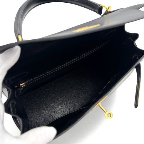 HERMES KELLY 28 SELLIER BLACK BOX CALF HAND BAG 2000 SQUARE D GOLD HARDWARE 90305112 - PURPOSE
