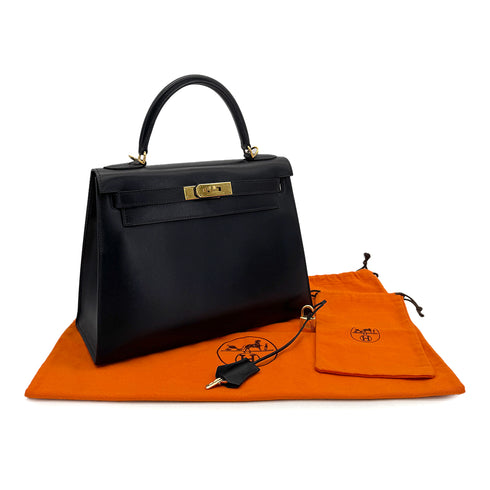 HERMES KELLY 28 SELLIER BLACK BOX CALF HAND BAG 2000 SQUARE D GOLD HARDWARE 90305112 - PURPOSE