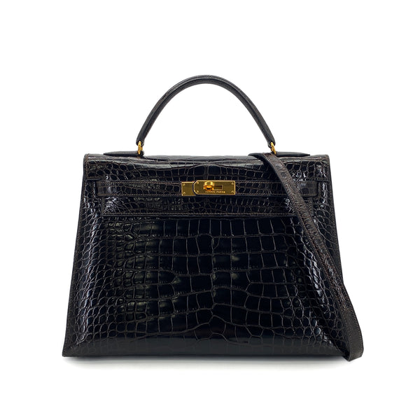 HERMES KELLY 32 SELLIER DARK BROWN ALLIGATOR HAND SHOULDER BAG 〇U GHW 90305113