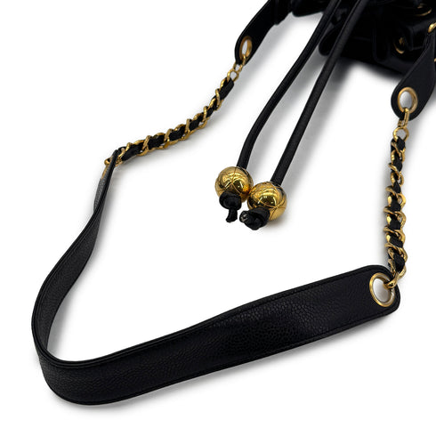 CHANEL VINTAGE TRIPLE COCOMARK DRAWSTRING CHAIN SHOULDER BAG BLACK CAVIAR SKIN 90305117