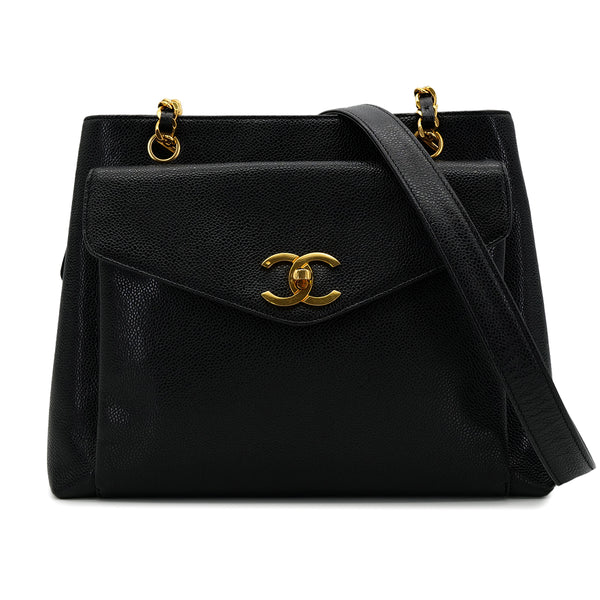 CHANEL VINTAGE TURN LOCK CHAIN TOTE BAG BLACK CAVIAR SKIN 90305120