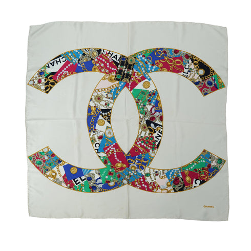 CHANEL VINTAGE SCARF COCOMARK GRIPOA PATTERN WHITE SILK 90305122