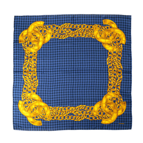 CHANEL VINTAGE SCARF COCOMARK CHAIN PATTERN BLUE SILK 90305124