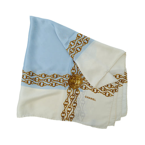 CHANEL VINTAGE SCARF COCOMARK CHAIN PATTERN WHITE LIGHT BLUE SILK 90305125