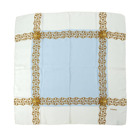 CHANEL VINTAGE SCARF COCOMARK CHAIN PATTERN WHITE LIGHT BLUE SILK 90305125
