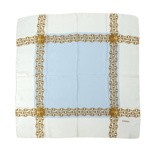 CHANEL VINTAGE SCARF COCOMARK CHAIN PATTERN WHITE LIGHT BLUE SILK 90305125 - PURPOSE