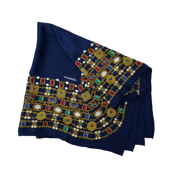 CHANEL VINTAGE SCARF GRIPOA PATTERN NAVY SILK 90305126