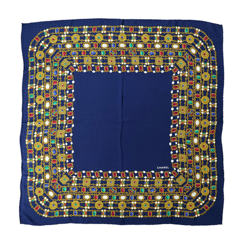 CHANEL VINTAGE SCARF GRIPOA PATTERN NAVY SILK 90305126