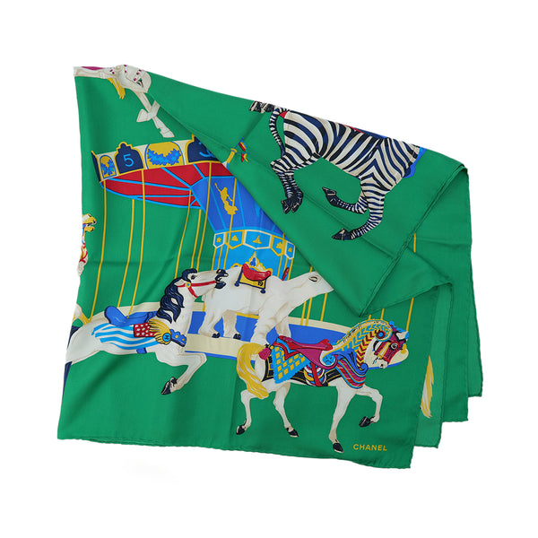 CHANEL VINTAGE SCARF COCOMARK ANIMAL PATTERN GREEN SILK 90305132