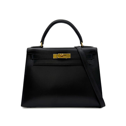 HERMES KELLY 28 SELLIER BLACK BOXCALF HAND SHOULDER BAG □A GHW 90305221