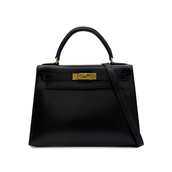 HERMES KELLY 28 SELLIER BLACK BOXCALF HAND SHOULDER BAG □A GHW 90305221