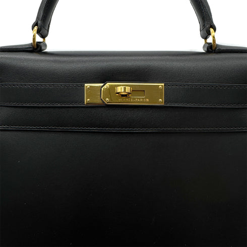 HERMES KELLY 28 SELLIER BLACK BOXCALF HAND SHOULDER BAG □A GHW 90305221