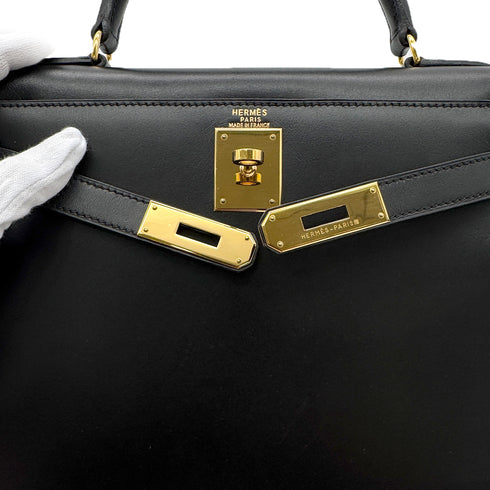 HERMES KELLY 28 SELLIER BLACK BOXCALF HAND SHOULDER BAG □A GHW 90305221