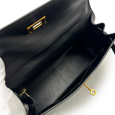 HERMES KELLY 28 SELLIER BLACK BOXCALF HAND SHOULDER BAG □A GHW 90305221