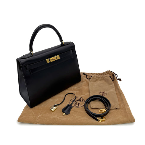 HERMES KELLY 28 SELLIER BLACK BOXCALF HAND SHOULDER BAG □A GHW 90305221