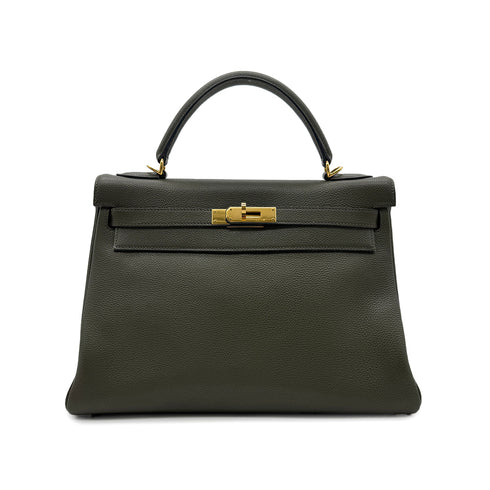 HERMES KELLY 32 RETOURNE VERT OLIVE EVERCOLOR HAND BAG □F GHW 90305222