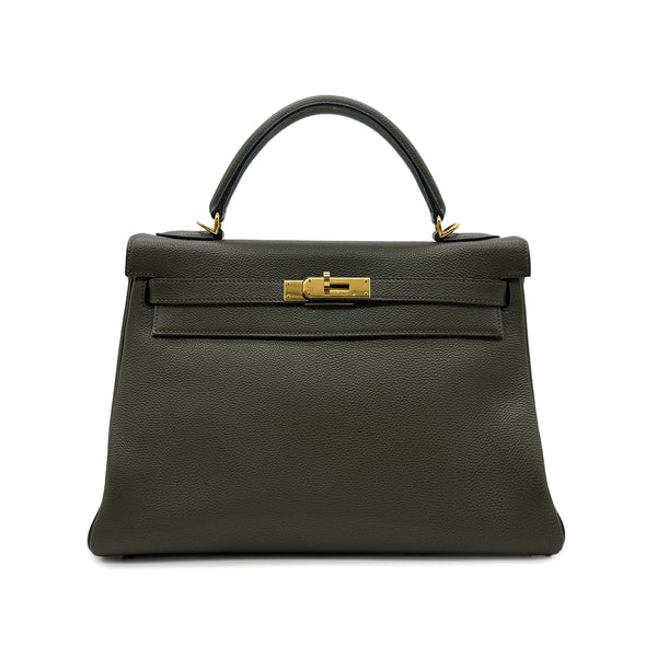 HERMES KELLY 32 RETOURNE VERT OLIVE EVERCOLOR HAND BAG □F GHW 90305222