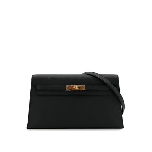 HERMES KELLY ELAN BLACK VEAU EPSOM CLUTCH SHOULDER BAG K GHW 90305230