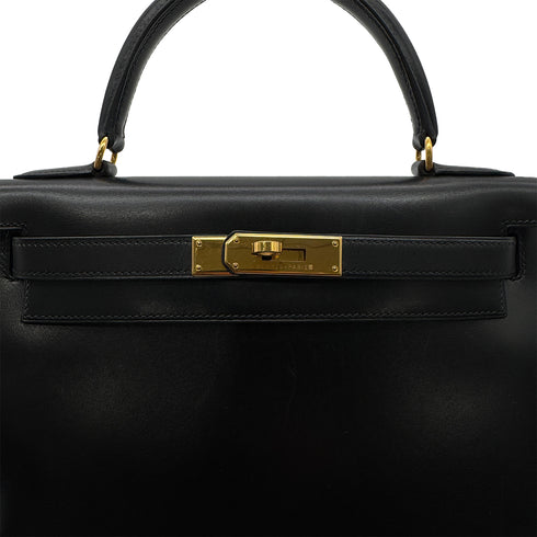 HERMES KELLY 28 SELLIER BLACK BOXCALF HAND SHOULDER BAG 〇A GHW 90305238