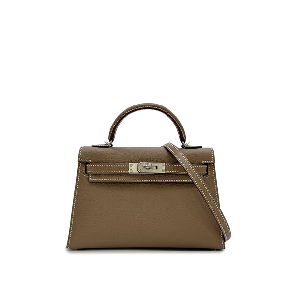 HERMES MINI KELLY 2 VERSO ETOUPE NEW WHITE CHEVRE MYSORE HAND SHOULDER BAG W PHW 90305379