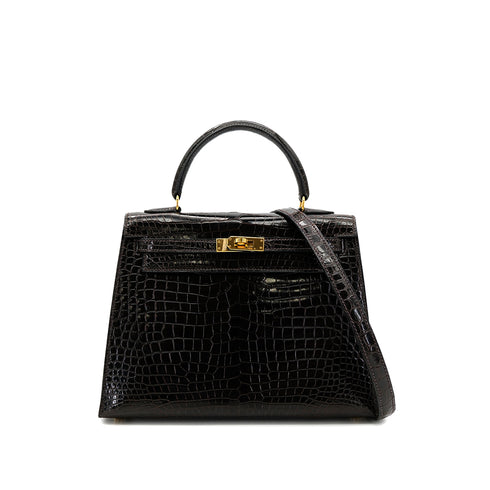 HERMES KELLY 25 SELLIER DARK BROWN POROSUS CROCODILE HAND SHOULDER BAG □C GHW 90305676