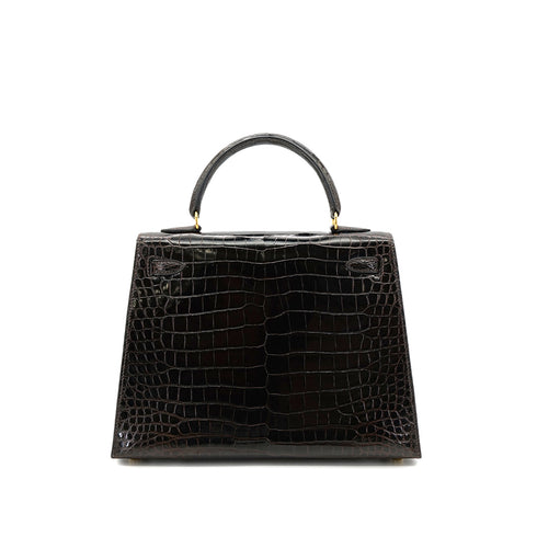 HERMES KELLY 25 SELLIER DARK BROWN POROSUS CROCODILE HAND SHOULDER BAG □C GHW 90305676