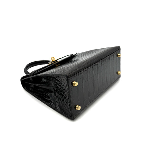 HERMES KELLY 25 SELLIER DARK BROWN POROSUS CROCODILE HAND SHOULDER BAG □C GHW 90305676