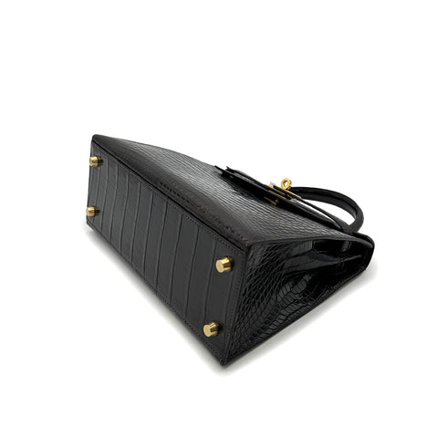HERMES KELLY 25 SELLIER DARK BROWN POROSUS CROCODILE HAND SHOULDER BAG □C GHW 90305676