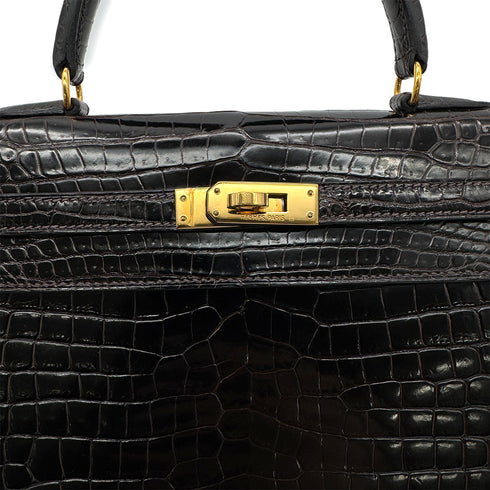 HERMES KELLY 25 SELLIER DARK BROWN POROSUS CROCODILE HAND SHOULDER BAG □C GHW 90305676